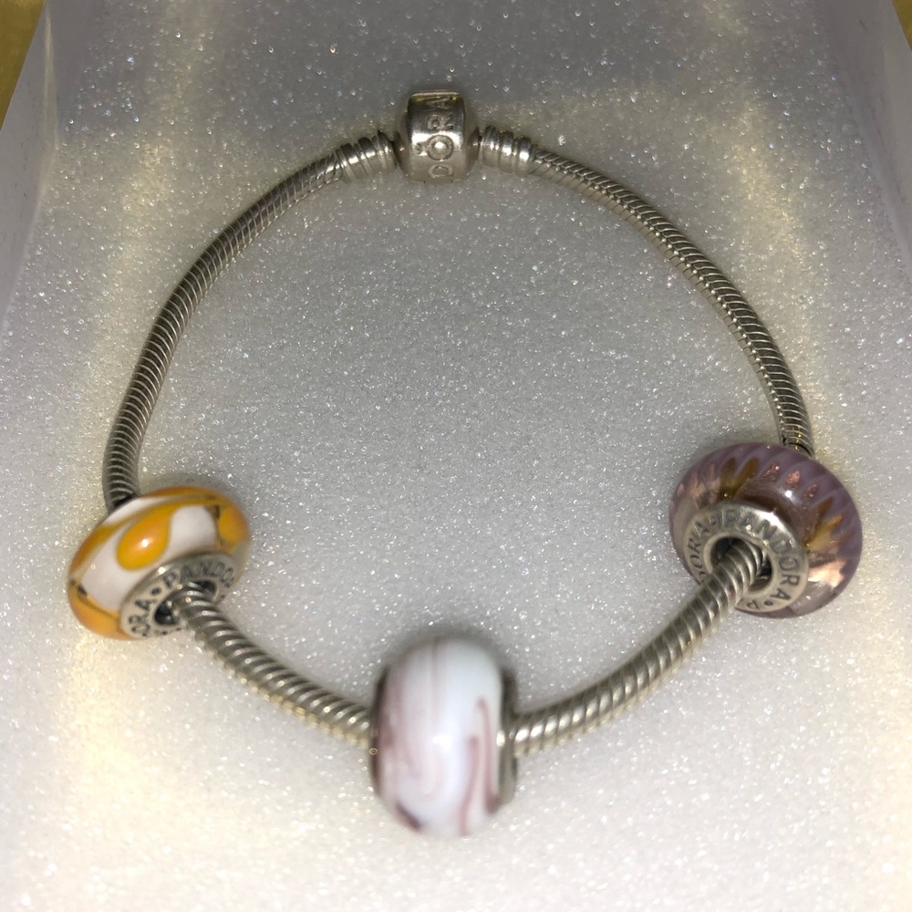 PANDORA SILVER BRACELET W/ 3 Silver Charms 8in